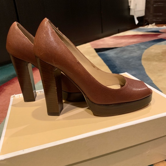 NEW Michael Kors open toe pump high heel platform shoes brown size 35 - Picture 2 of 5